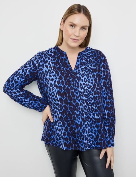 SAMOON Damen Tunika mit Animal-Print 70cm Langarm Tunika-Ausschnitt Viskose Blau von SAMOON