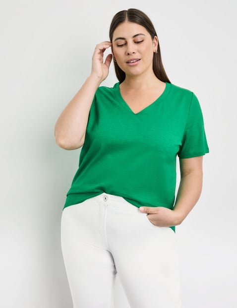 SAMOON Damen V-Shirt aus Bio-Baumwolle 66cm Kurzarm V-Ausschnitt Grün von SAMOON