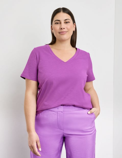 SAMOON Damen V-Shirt aus Bio-Baumwolle 66cm Kurzarm V-Ausschnitt Lila von SAMOON