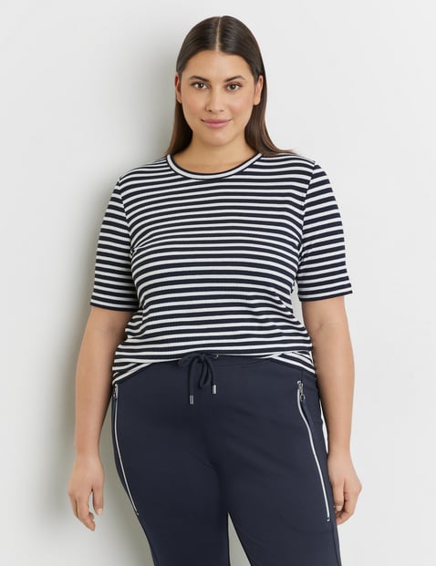 SAMOON Damen Geringeltes Halbarmshirt mit Ripp-Struktur 66cm Halber Arm Rundhals Viskose Blau gestreift von SAMOON