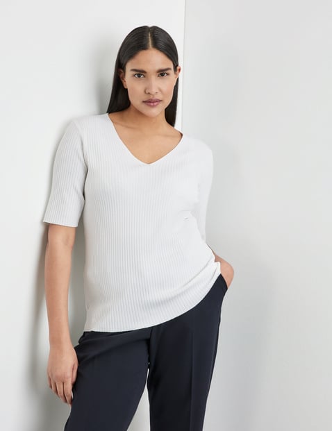 SAMOON Damen Rippstrickpullover mit halbem Arm Halber Arm V-Ausschnitt Viskose Weiss von SAMOON