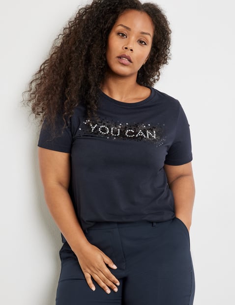SAMOON Damen T-Shirt mit Pailletten-Wording 68cm Kurzarm Rundhals Modal Blau von SAMOON