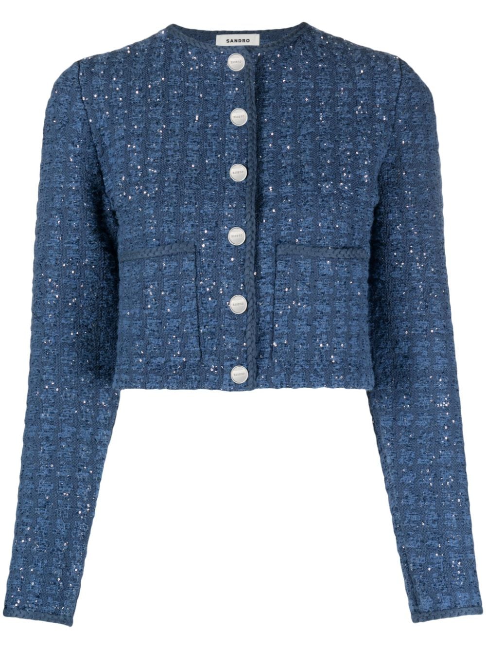 SANDRO sequin-embellished cropped tweed jacket - Blue von SANDRO