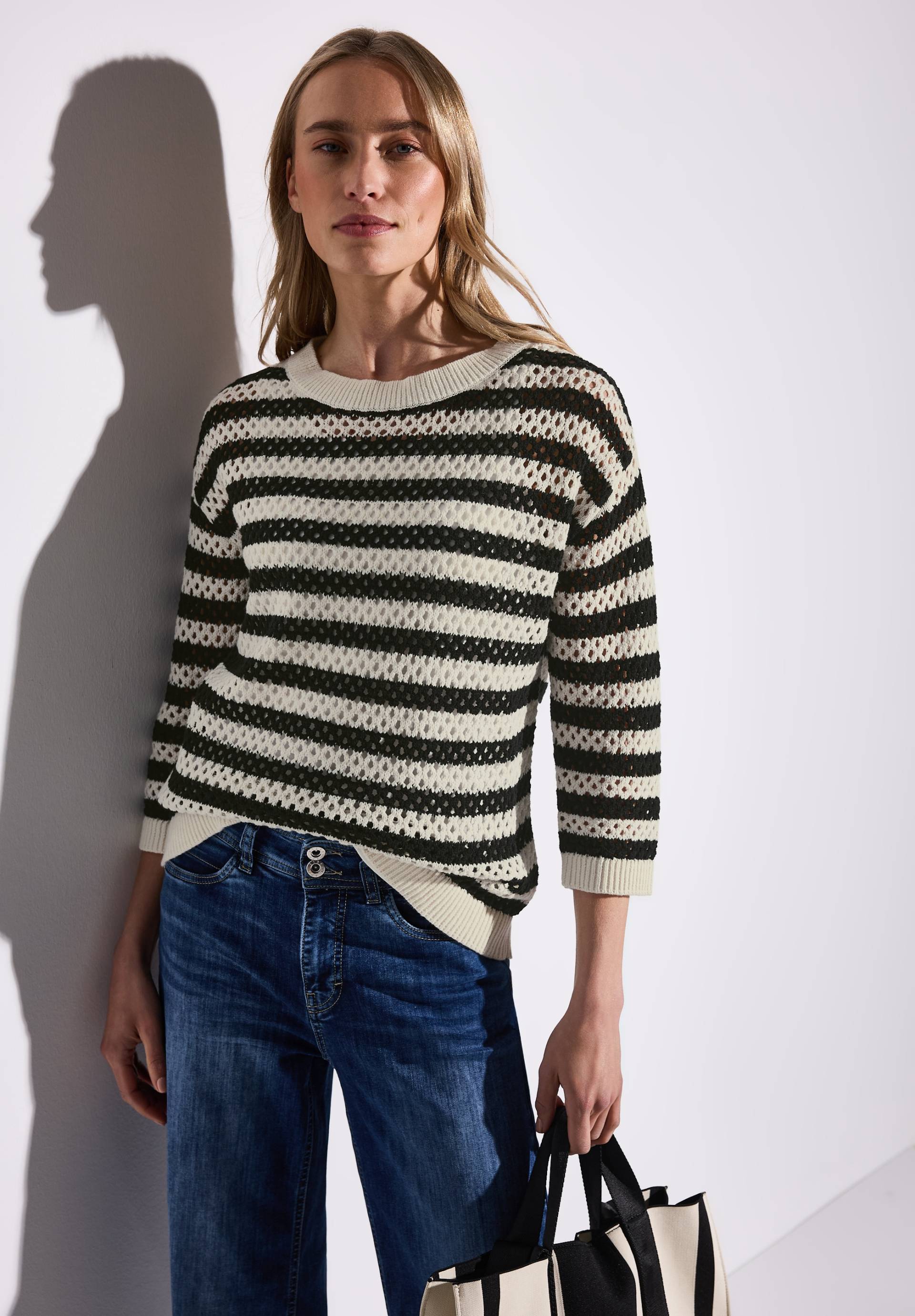 STREET ONE 3/4 Arm-Pullover, mit Streifen und Lochmuster von STREET ONE