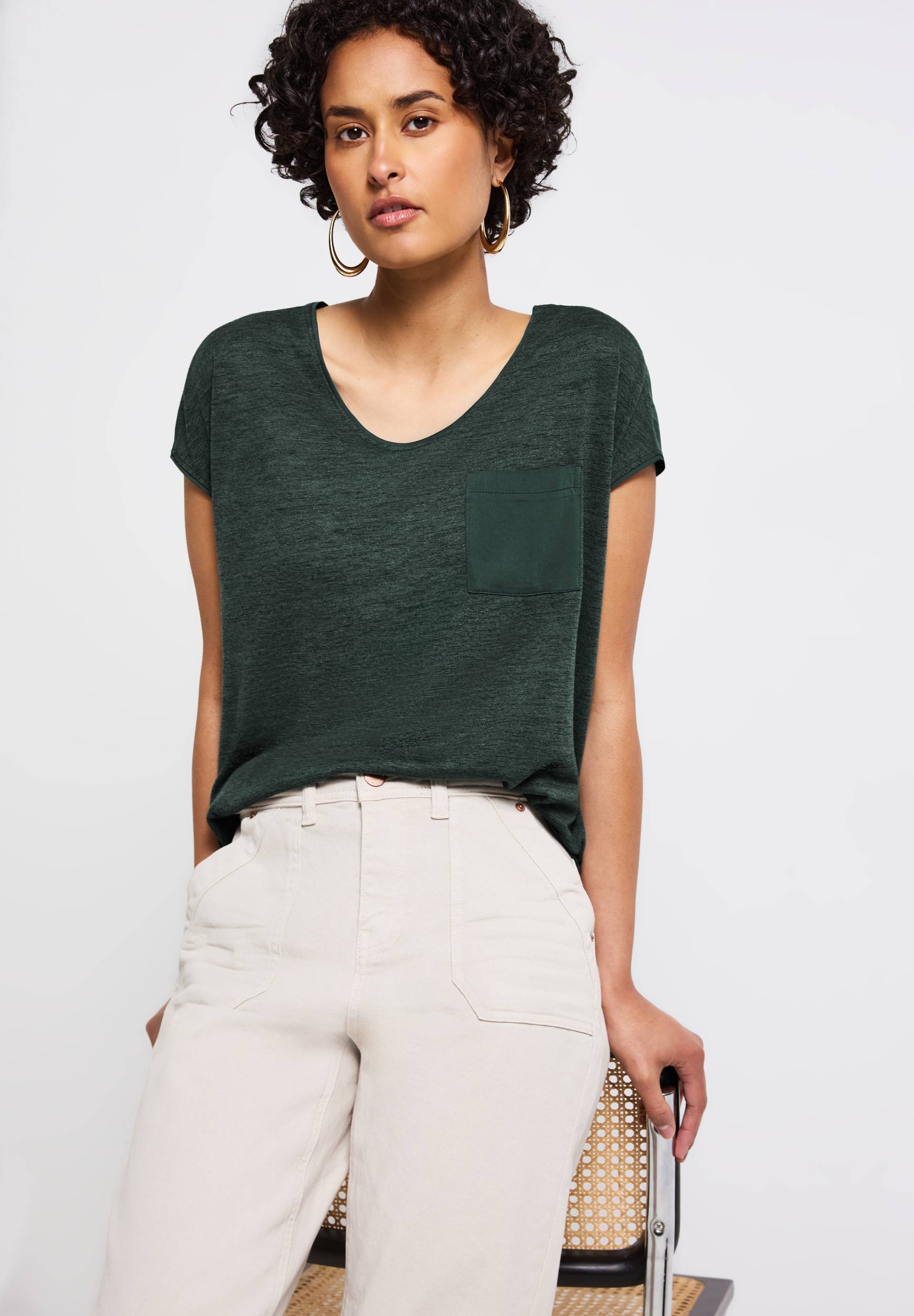 STREET ONE T-Shirt, im Leinen-Look und mit Brusttasche+ö von STREET ONE
