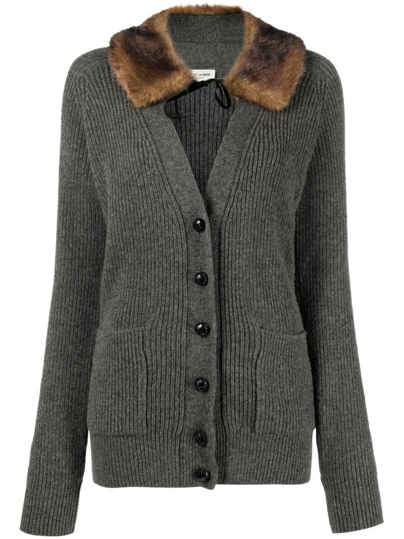 Saint Laurent shearling-trim ribbed cardi-coat - Grey von Saint Laurent