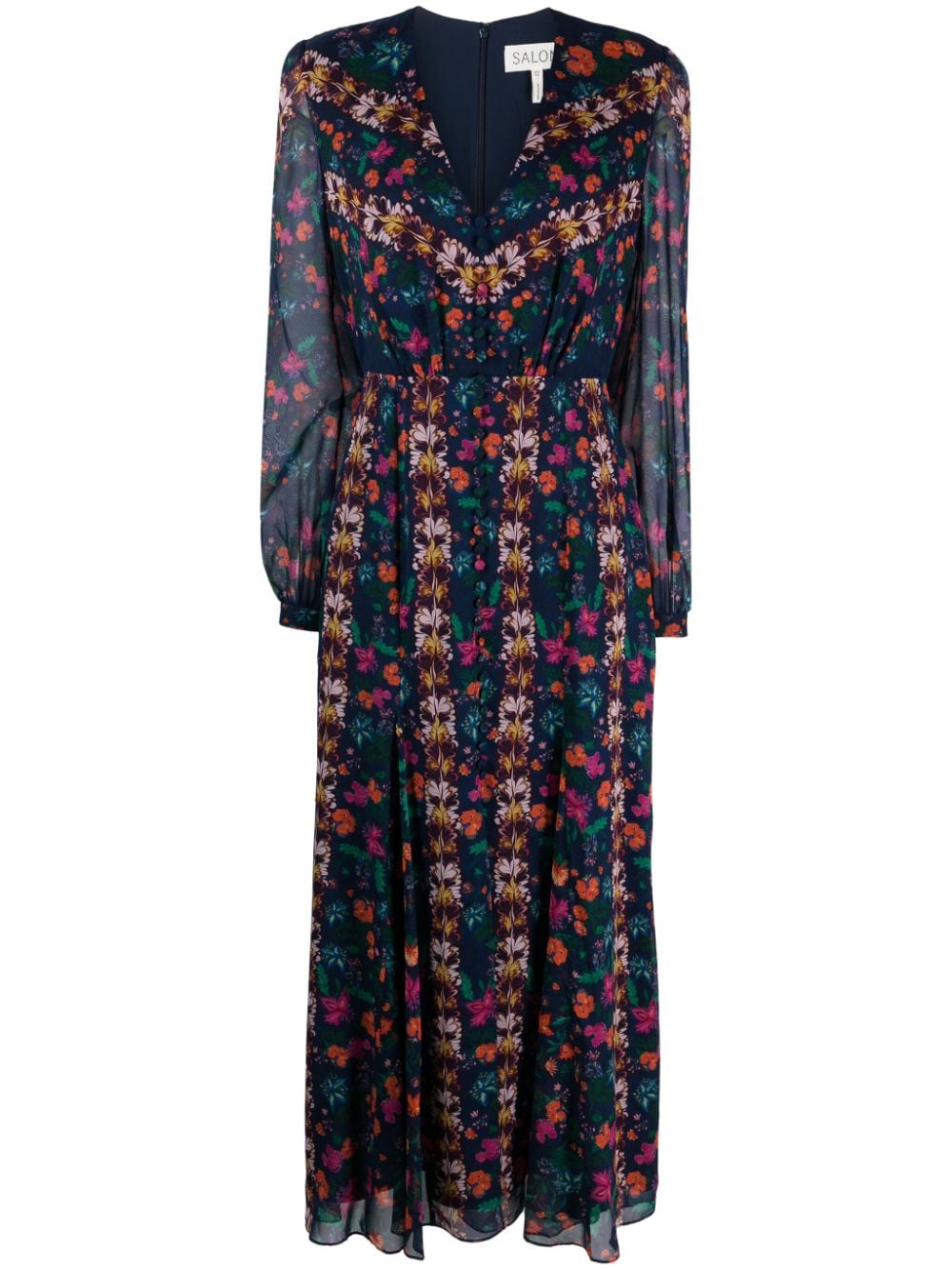 Saloni Annabel floral-print silk long dress - Blue von Saloni