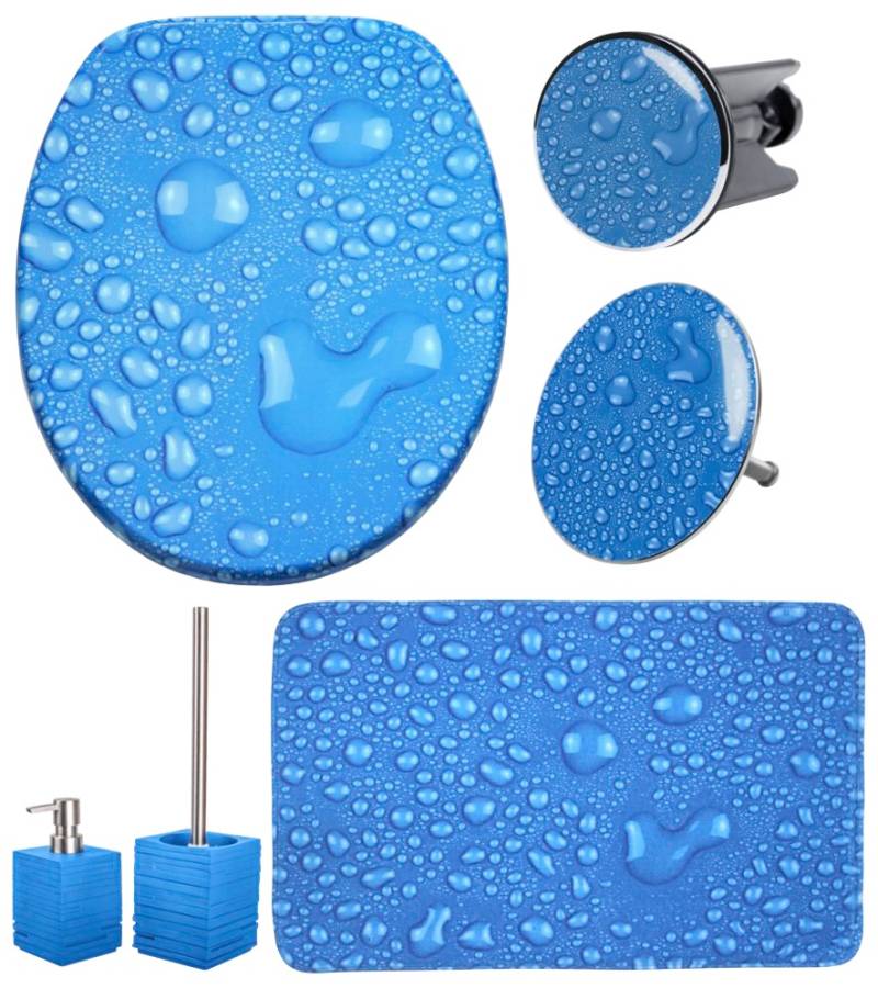 Sanilo Badaccessoire-Set »Tautropfen Blau«, (Komplett-Set, 6 tlg.), WC-Sitz, Badteppich, Stöpsel, Seifenspender und WC-Bürste von Sanilo