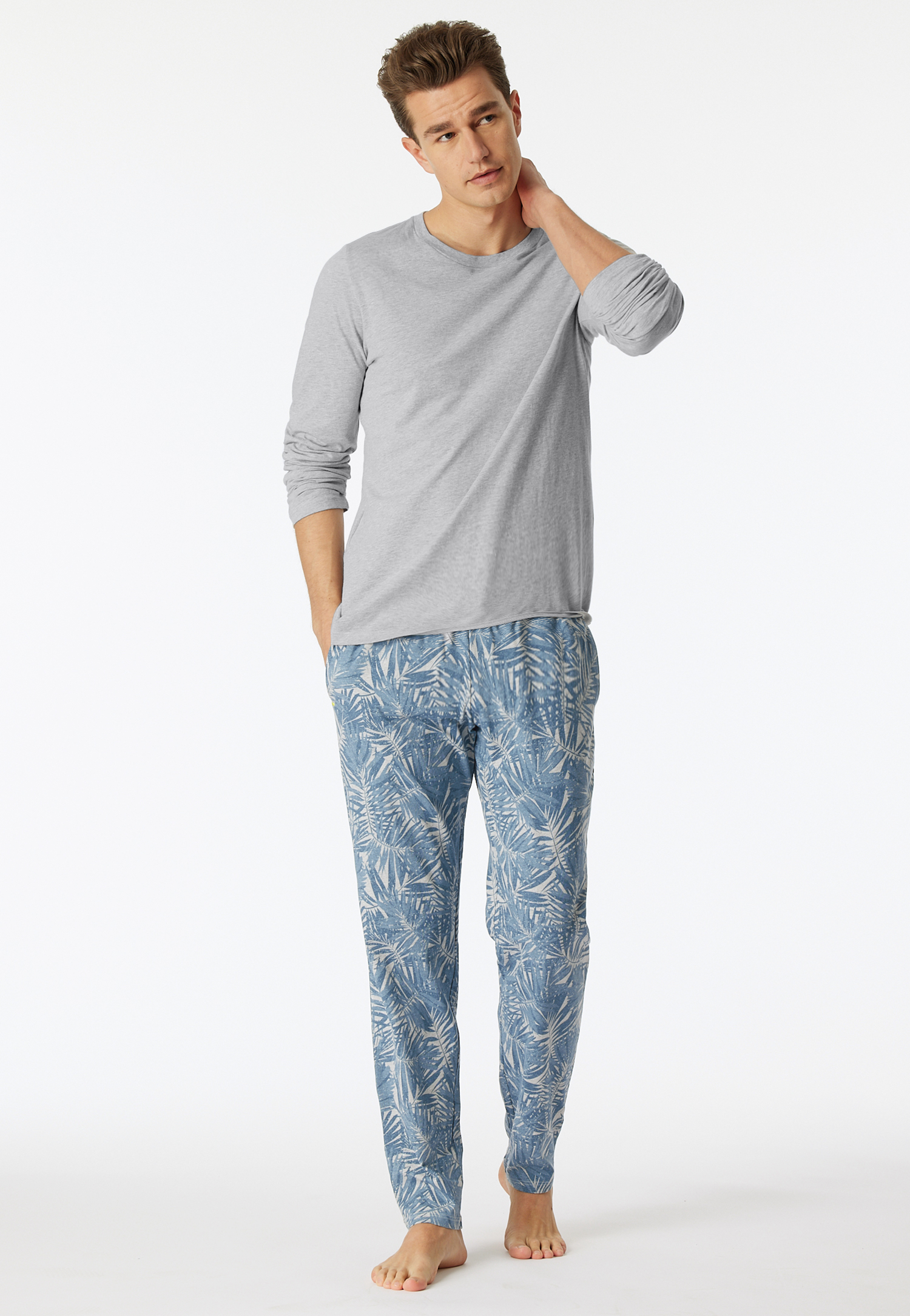 Loungehose lang Organic Cotton Blätter grau meliert - Mix+Relax 48 von Schiesser