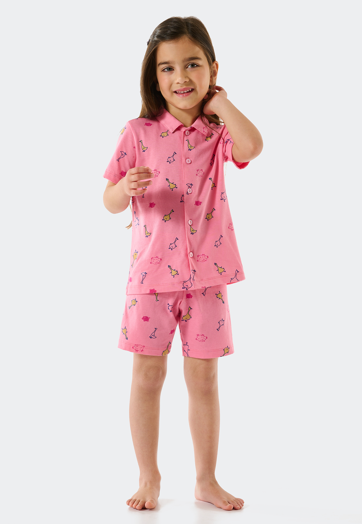 Pyjama kurz Organic Cotton Knopfleiste Gänse Schweine pink - Girls World 92 von Schiesser