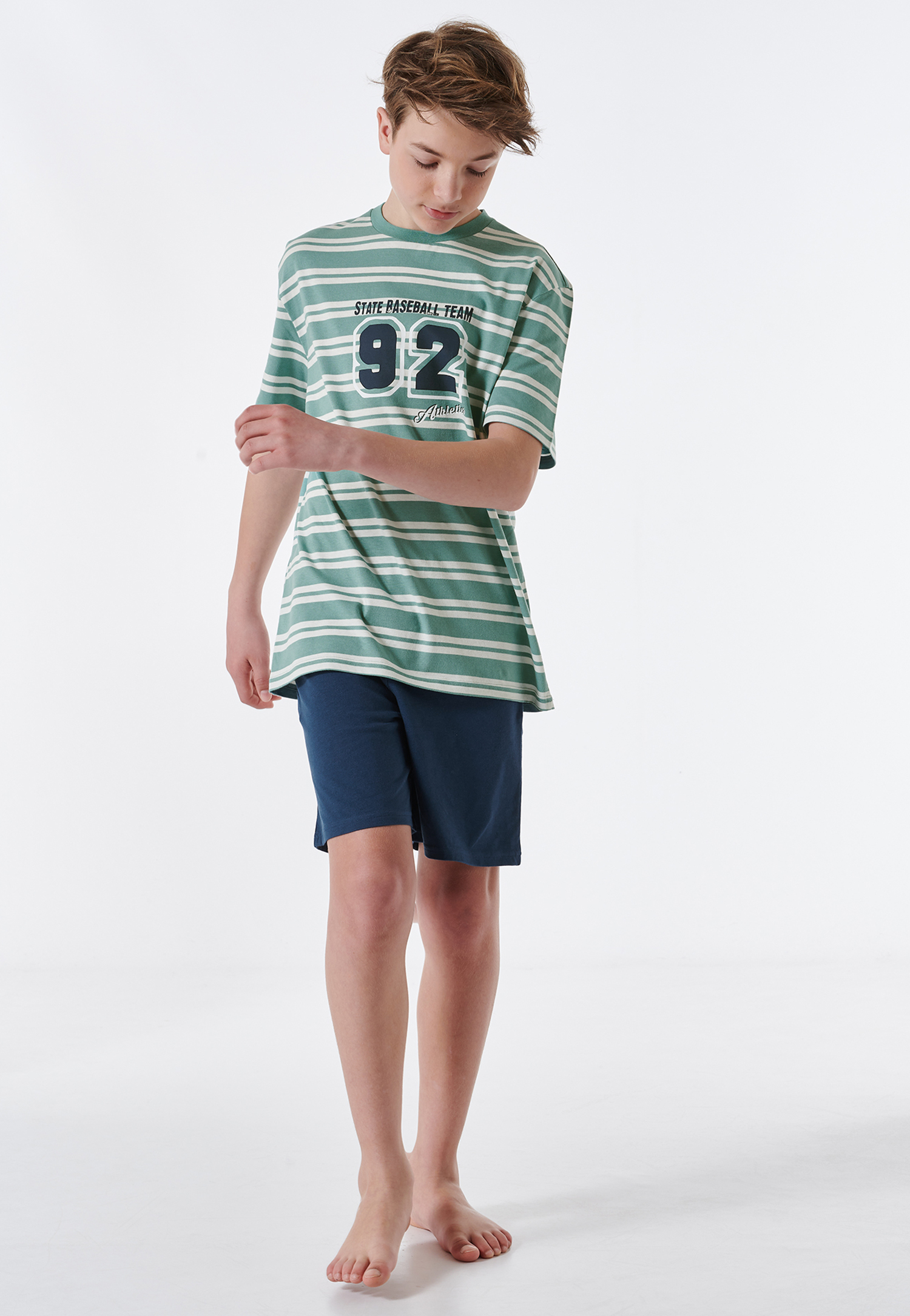 Schlafanzug kurz Organic Cotton Streifen Baseball mineral - Nightwear 152 von Schiesser