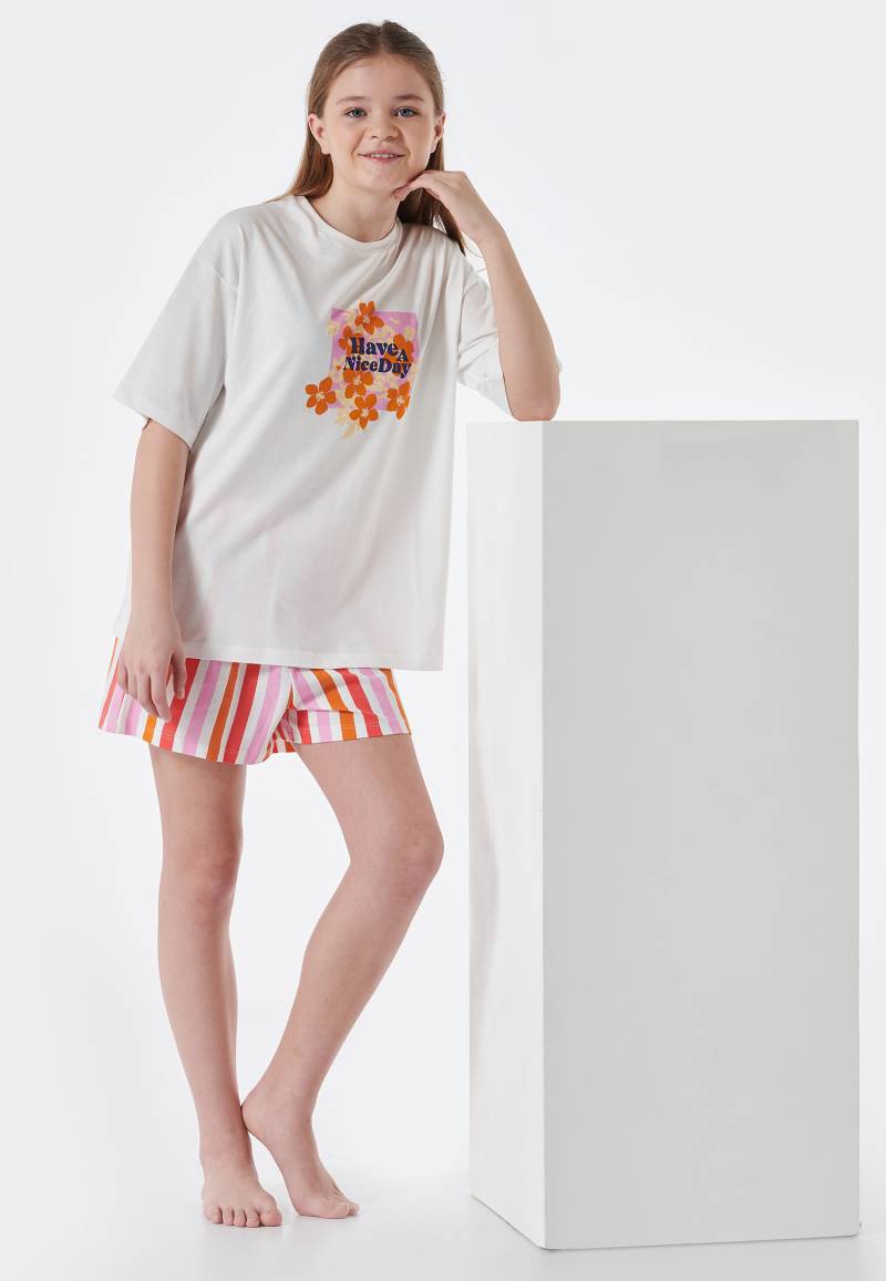 Schlafanzug kurz Organic Cotton Streifen Blumen off-white - Nightwear 140 von Schiesser