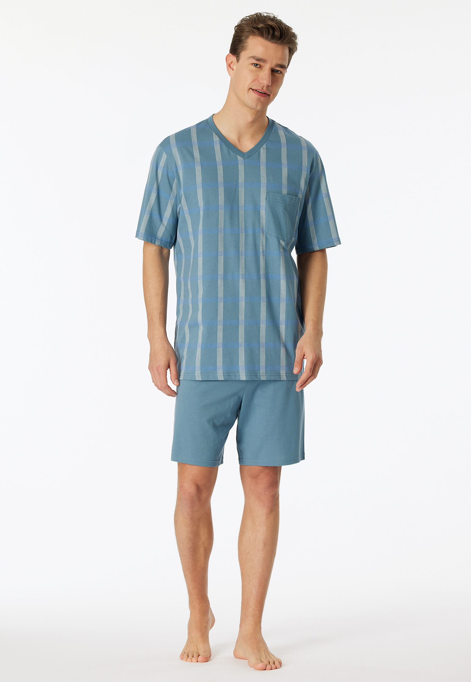 Schlafanzug kurz Organic Cotton V-Ausschnitt Brusttasche blaugrau kariert - Comfort Nightwear 52 von Schiesser