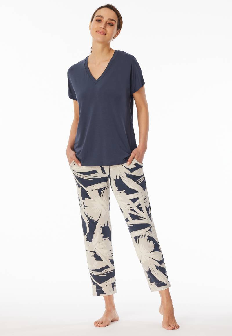Schlafanzug lang 7/8-Hose Blumen graphit - selected! premium 48 von Schiesser