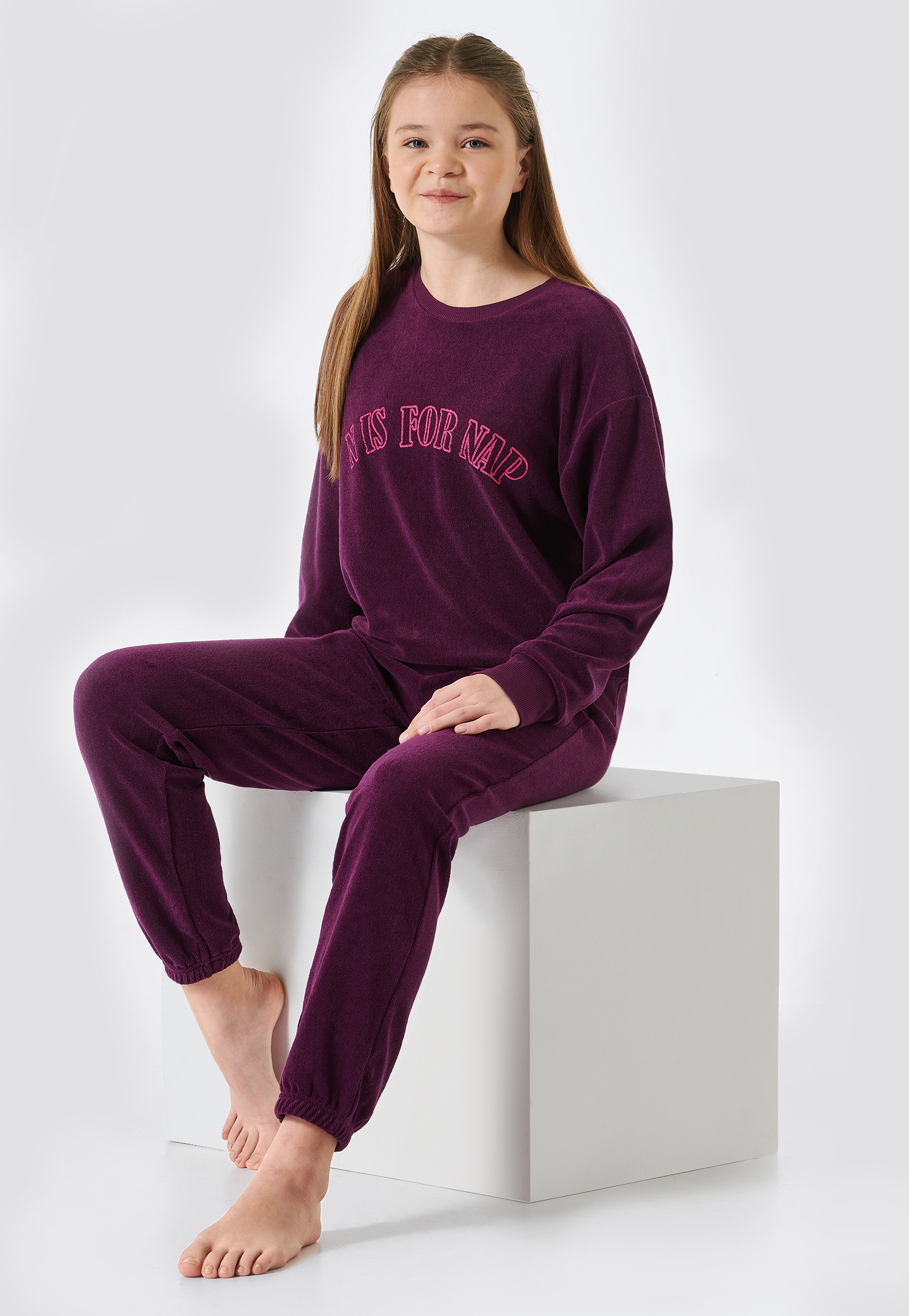 Schlafanzug lang Frottee Bündchen aubergine - Teens Nightwear 140 von Schiesser