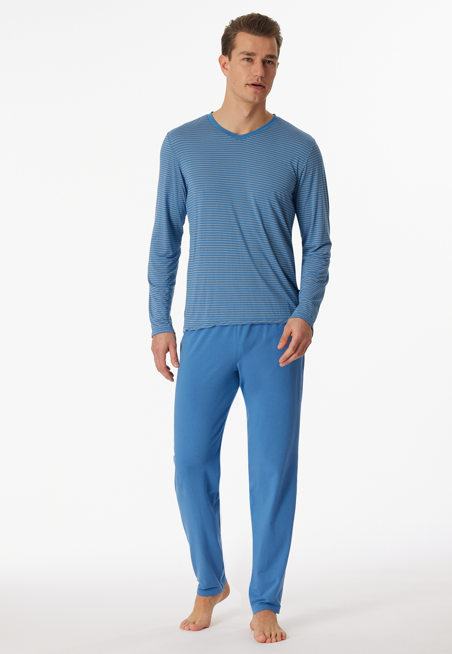 Schlafanzug lang Modal V-Ausschnitt Streifen atlantikblau - Long Life Soft 50 von Schiesser
