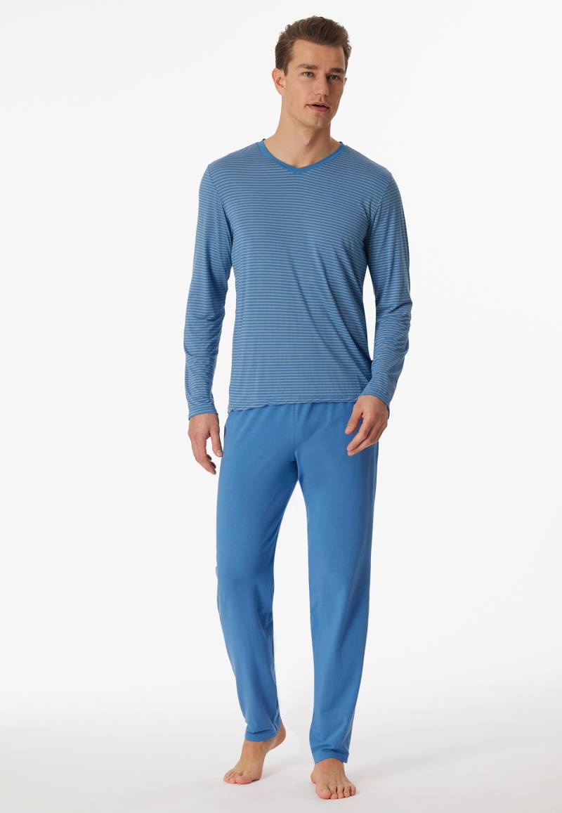 Schlafanzug lang Modal V-Ausschnitt Streifen atlantikblau - Long Life Soft 58 von Schiesser