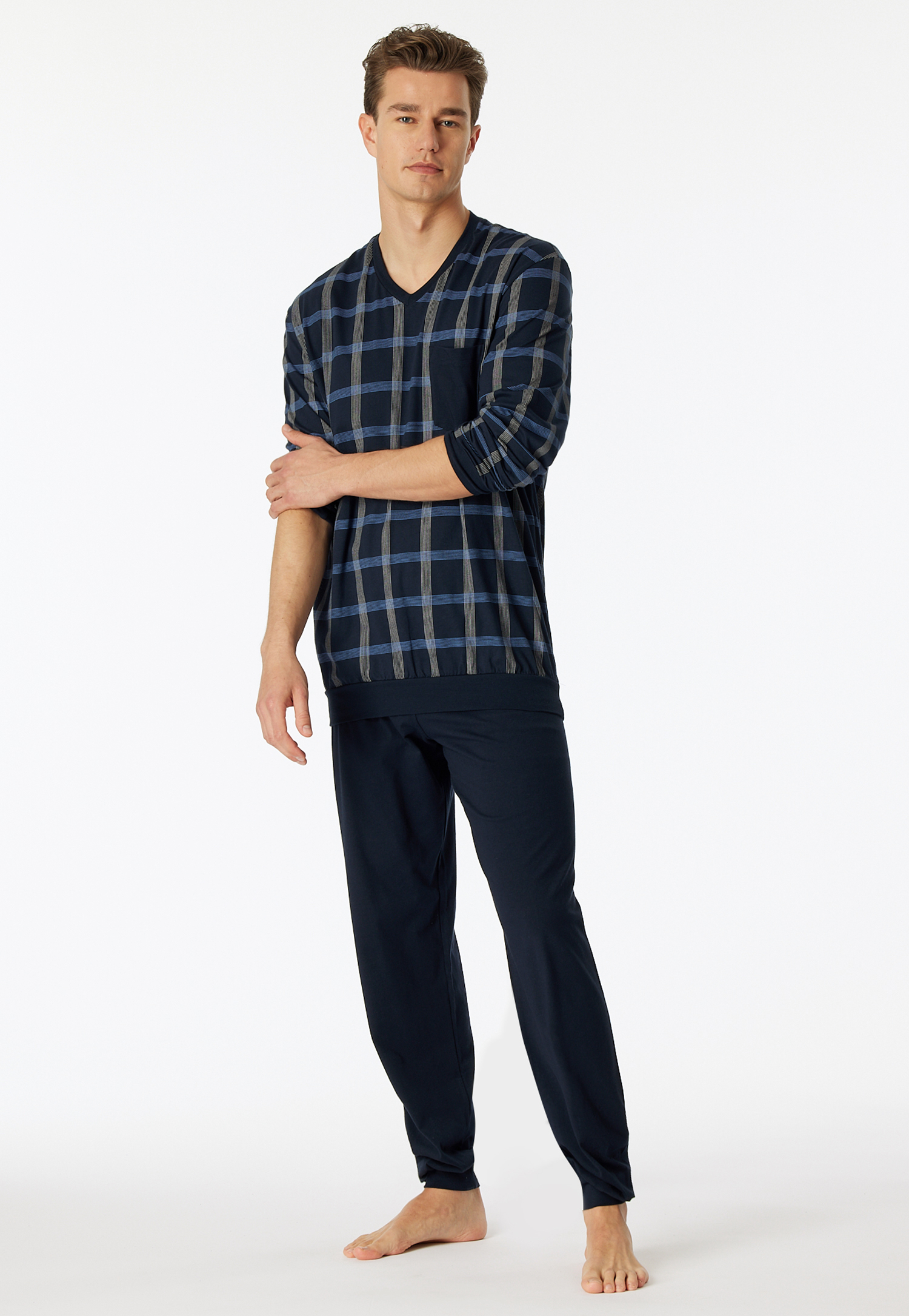Schlafanzug lang Organic Cotton V-Ausschnitt Bündchen Brusttasche nachtblau kariert - Comfort Nightwear 50 von Schiesser