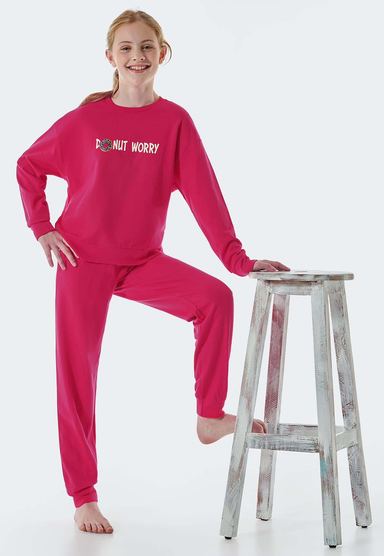 Schlafanzug lang Sweatware Organic Cotton Bündchen Donut pink - Teens Nightwear 152 von Schiesser