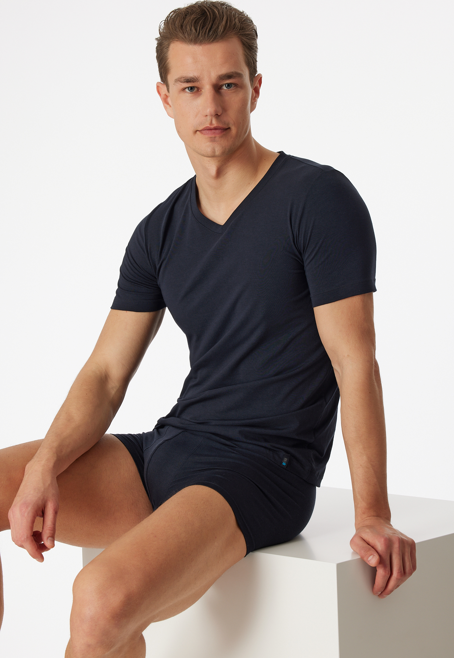 Shirt kurzarm Jersey elastisch V-Ausschnitt blauschwarz - Long Life Soft 6 von Schiesser