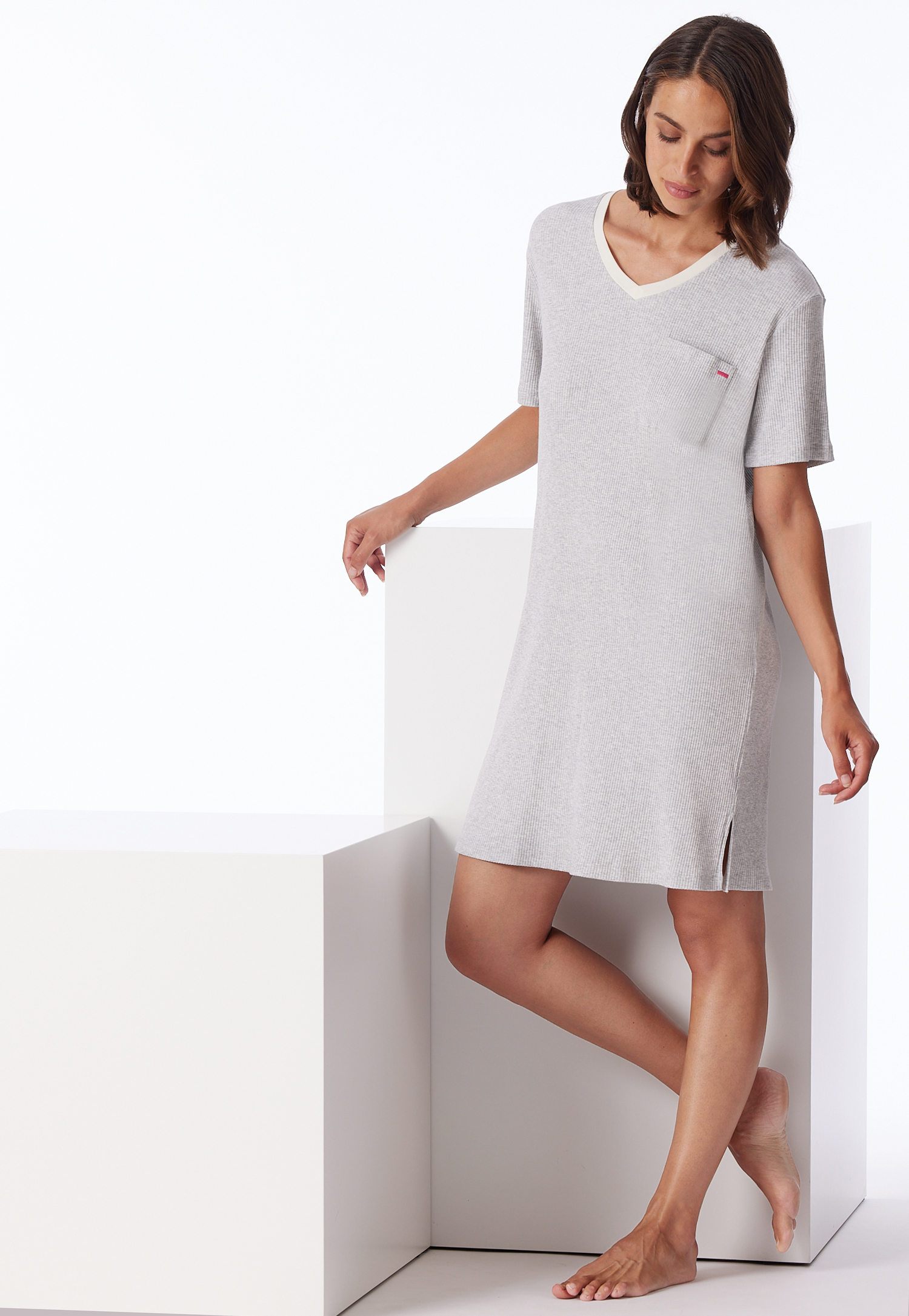 Sleepshirt kurzarm Doppelripp grau-meliert - Casual Nightwear 38 von Schiesser