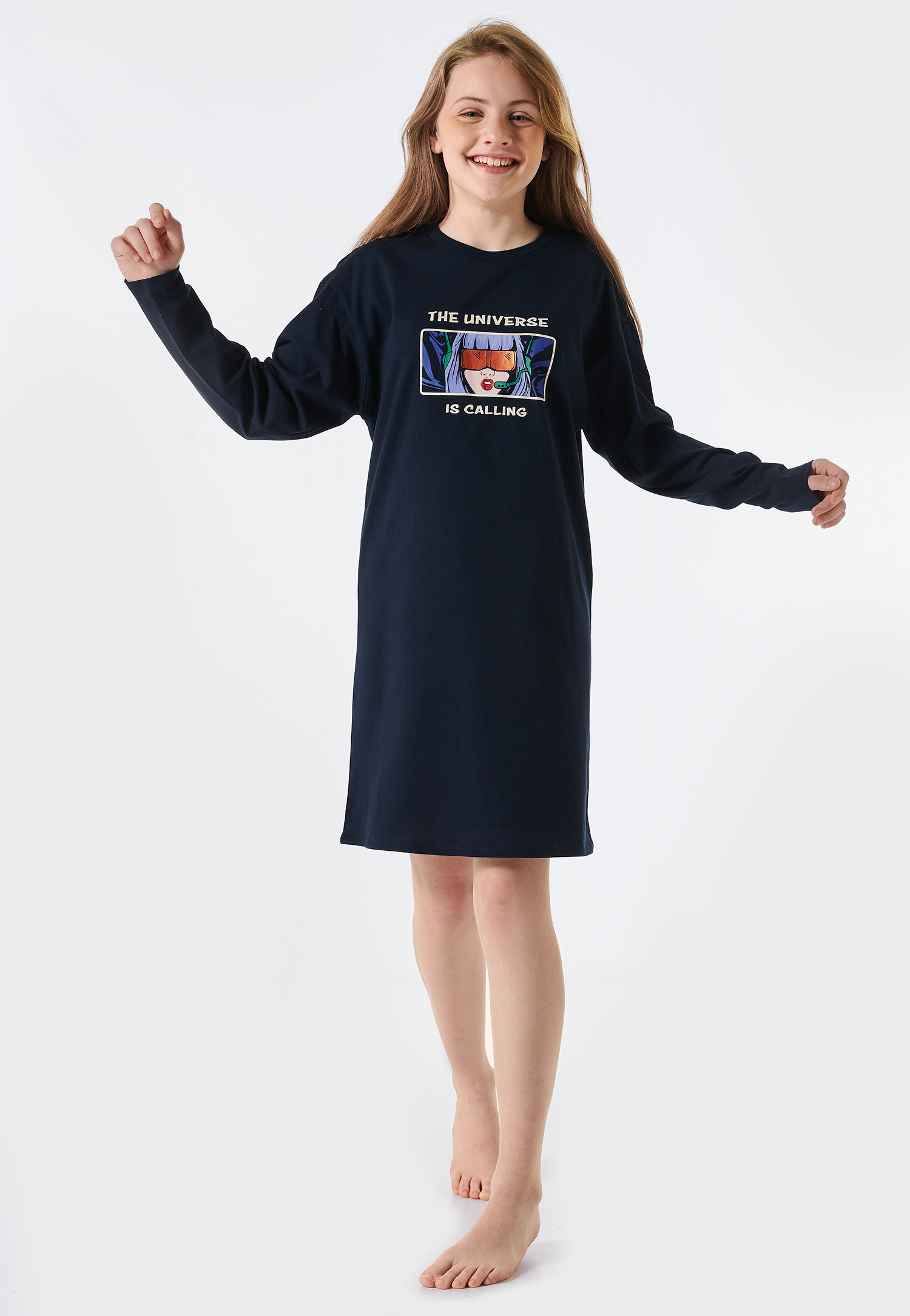 Sleepshirt langarm Organic Cotton Universe nachtblau - Teens Nightwear 152 von Schiesser
