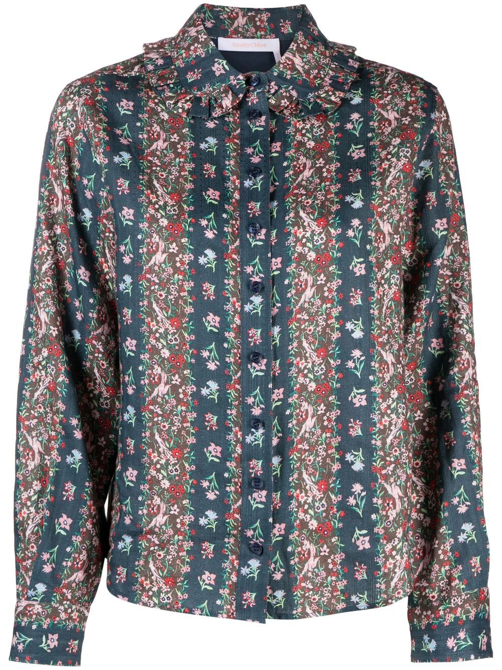 See by Chloé floral-print ruffle-collar shirt - Blue von See by Chloé