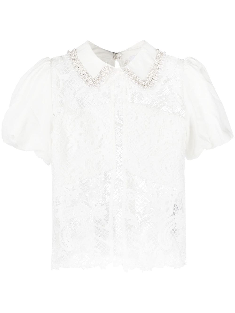 Self-Portrait faux-pearl detail guipure-lace blouse - White von Self-Portrait