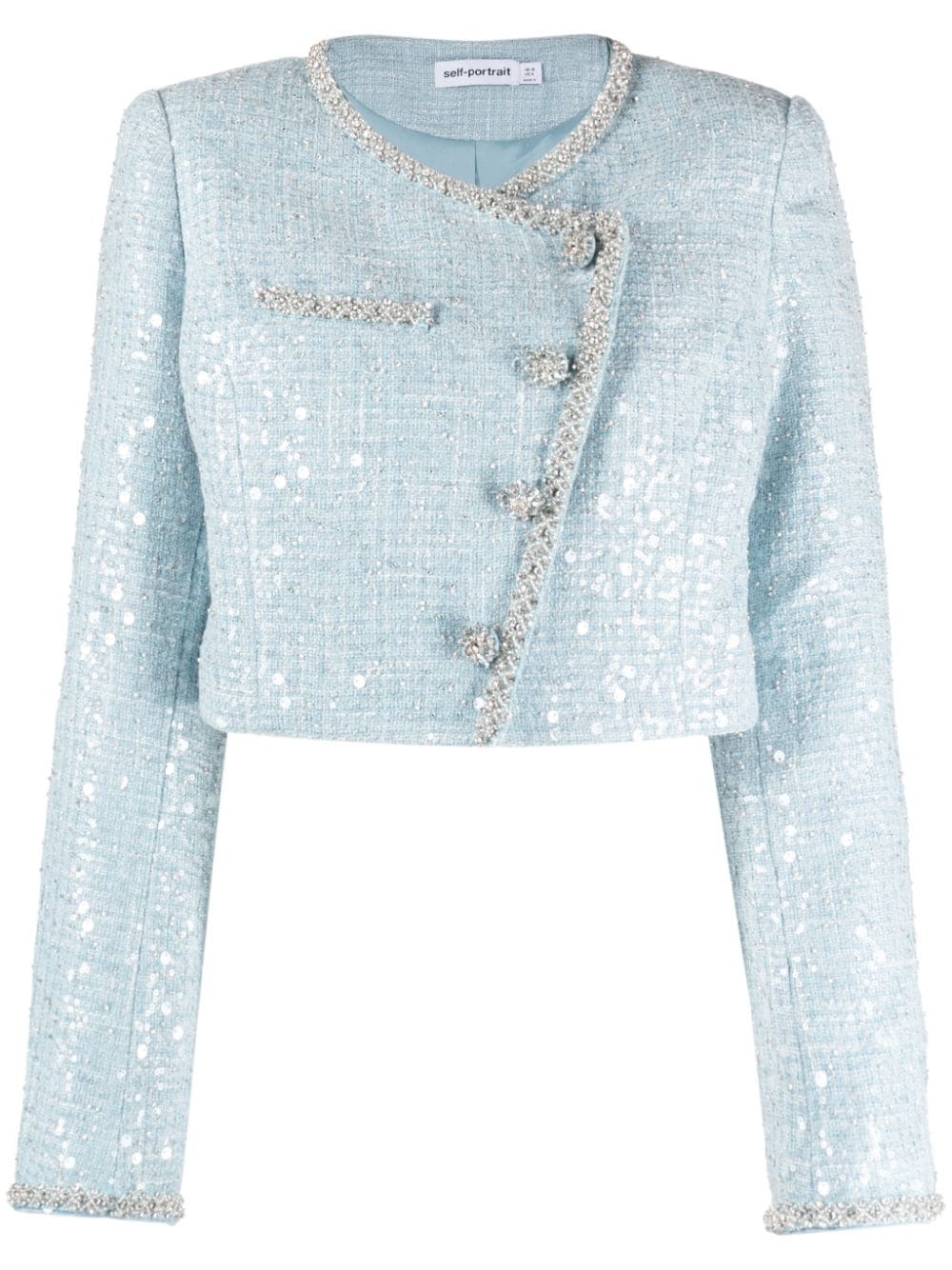 Self-Portrait sequined bouclé cropped jacket - Blue von Self-Portrait