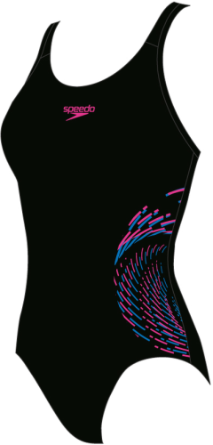 Speedo Plastisol Placement Muscleback Swimwear Female Junior/Kids (6-16) - Black/Rose Violet (Grösse: 9-10J/D140) von Speedo