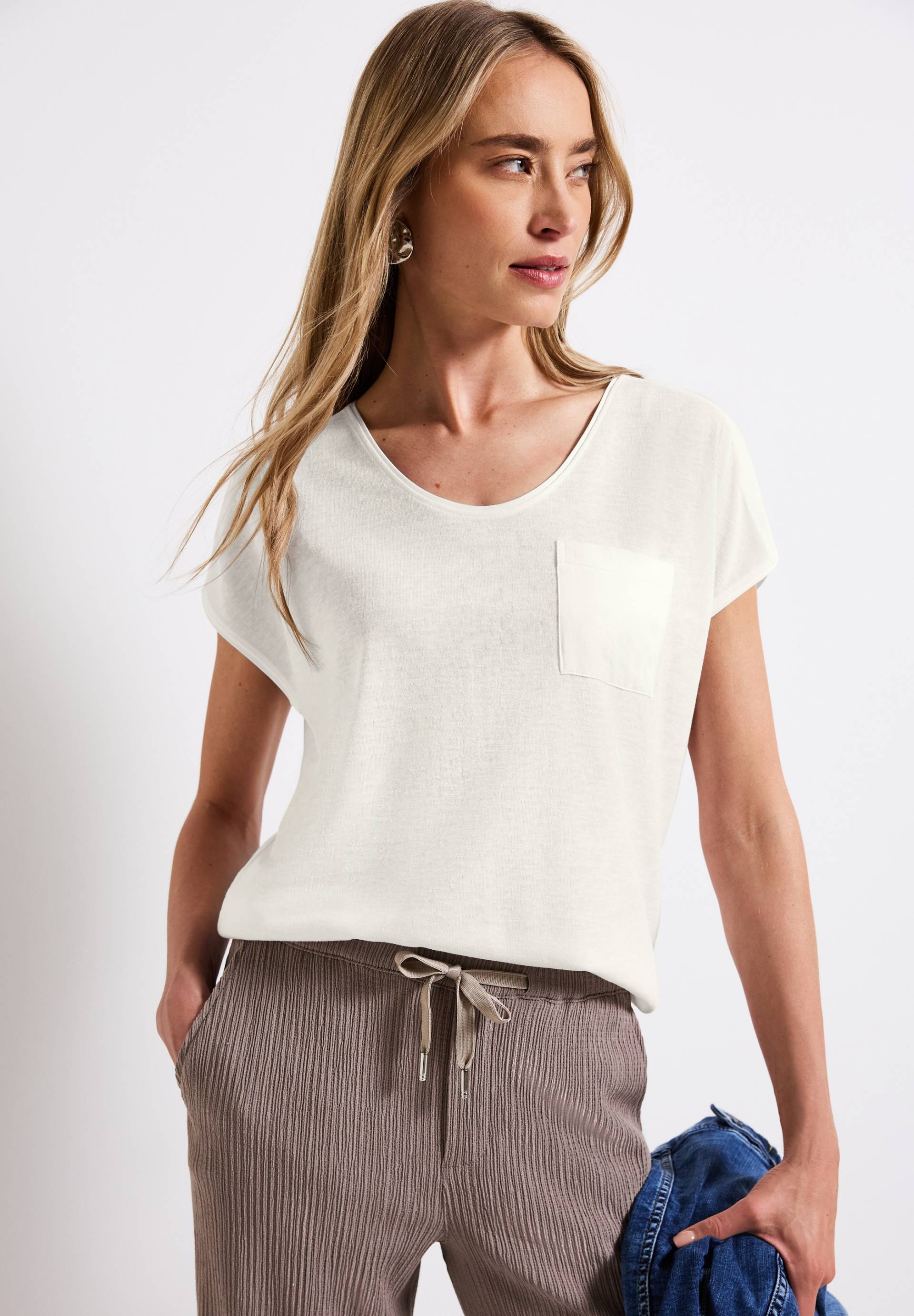 STREET ONE T-Shirt, im Leinen-Look und mit Brusttasche+ö von Street One