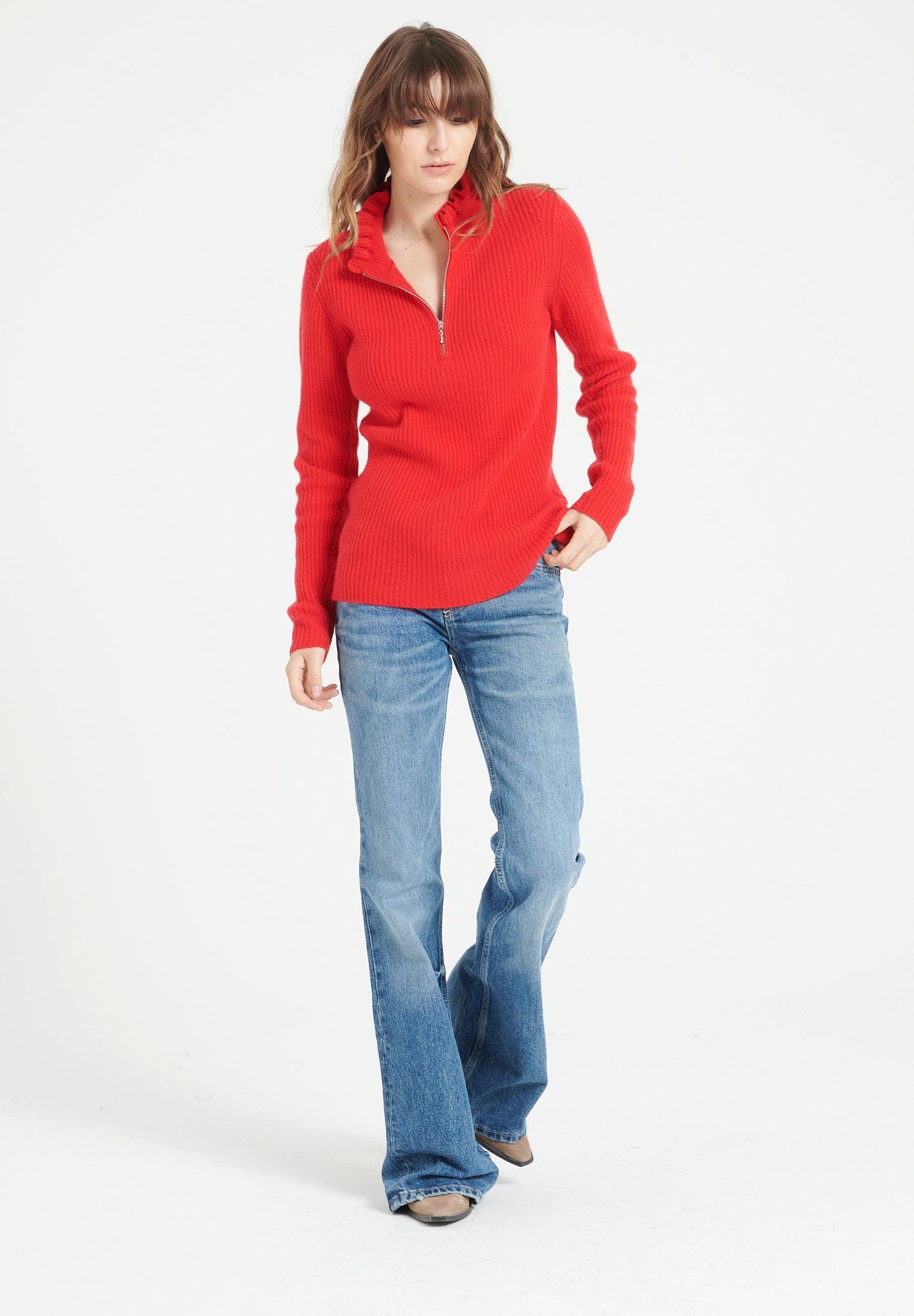 Mia 4 Pullover Mit Falbala-kragen Und Reißverschluss - 100% Kaschmir Damen Rot L von Studio Cashmere8
