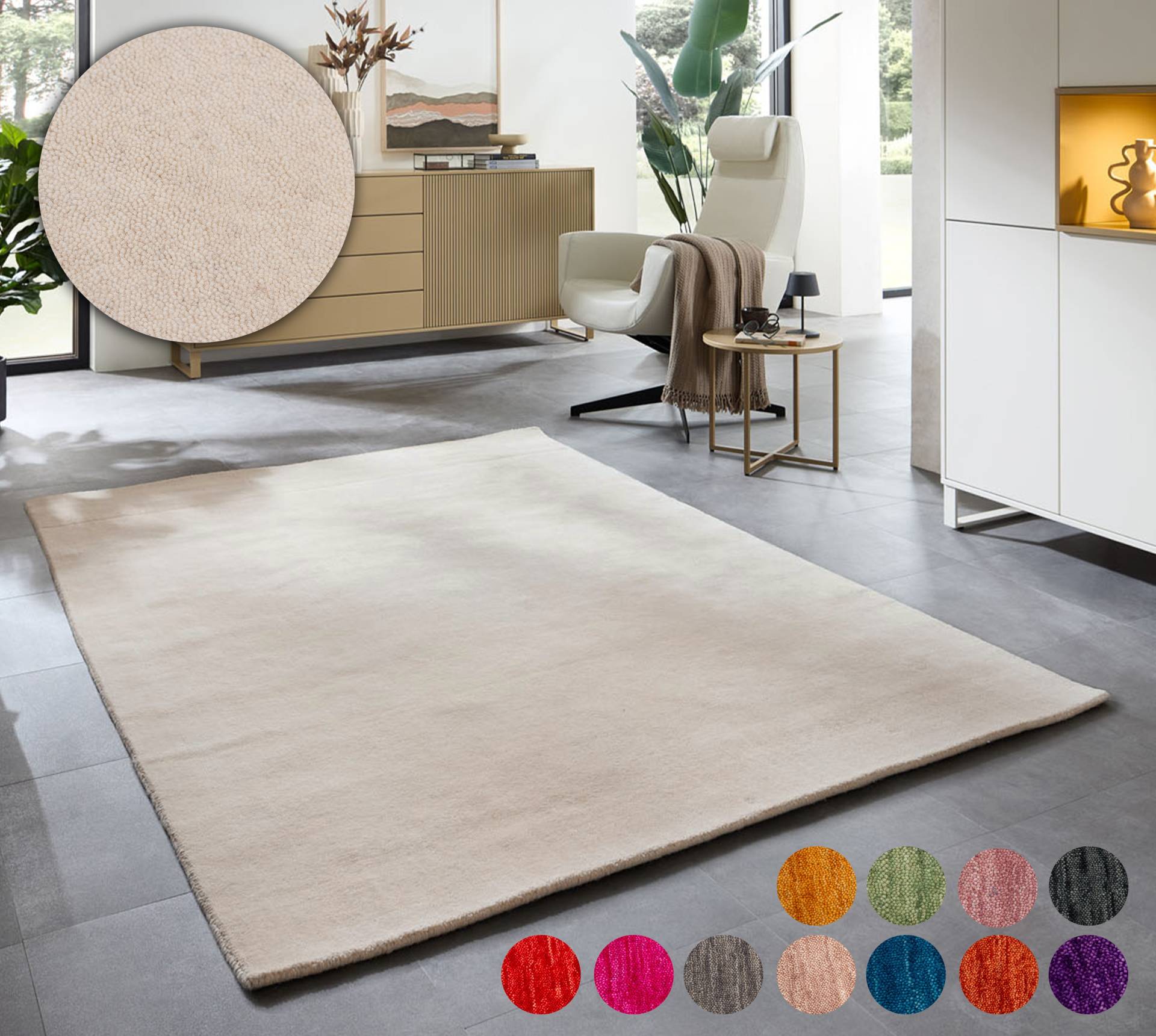 THEKO Wollteppich »Holi«, rechteckig, 13 mm Höhe, Uni-Farben, leicht meliert, reine Wolle, handgewebt mit Knüpfoptik THEKO Wollteppich »Holi«, rechteckig, 13 mm Höhe, Uni-Farben, leicht meliert, reine Wolle, handgewebt mit Knüpfoptik von THEKO