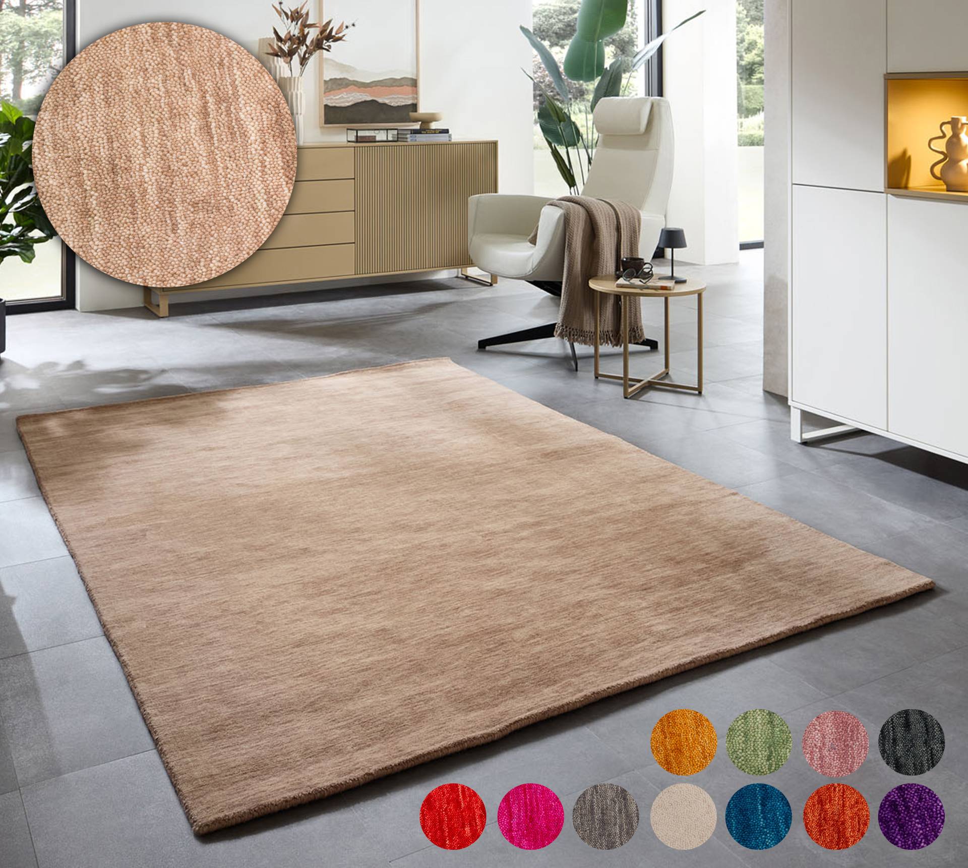THEKO Wollteppich »Holi«, rechteckig, 13 mm Höhe, Uni-Farben, leicht meliert, reine Wolle, handgewebt mit Knüpfoptik THEKO Wollteppich »Holi«, rechteckig, 13 mm Höhe, Uni-Farben, leicht meliert, reine Wolle, handgewebt mit Knüpfoptik von THEKO