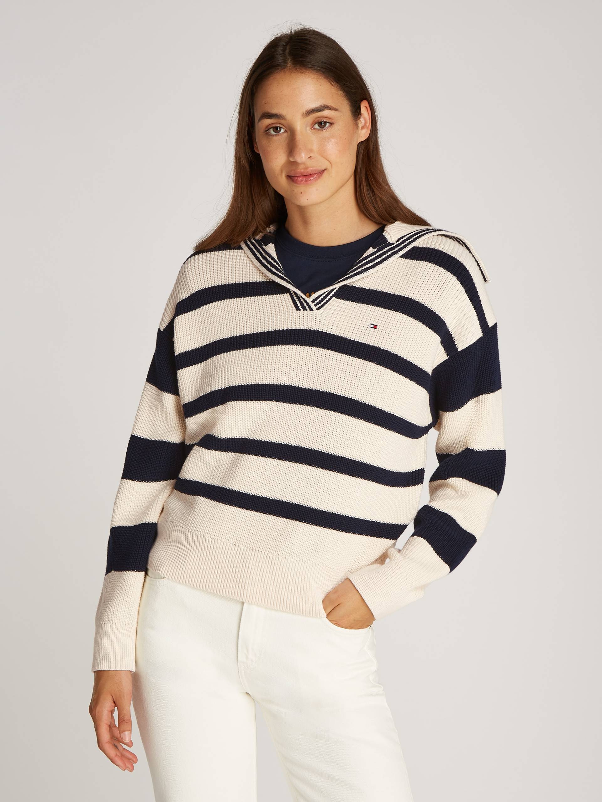 Tommy Hilfiger Polokragenpullover »CO CARDI STITCH OPEN POLO SWT LS«, mit Perlfangmuster, Polokragen, Logostickerei von TOMMY HILFIGER