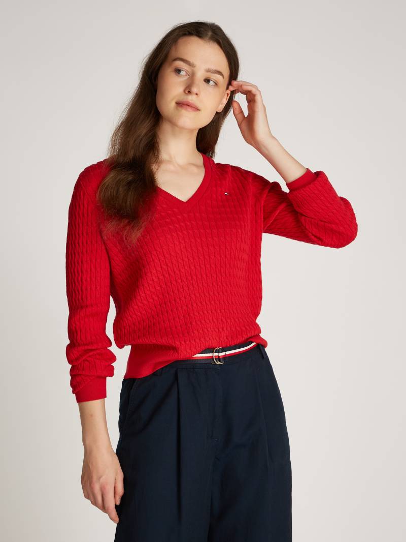 Tommy Hilfiger V-Ausschnitt-Pullover »CO CABLE V-NK LS SWT«, mit Zopfmuster, Logostickerei von TOMMY HILFIGER