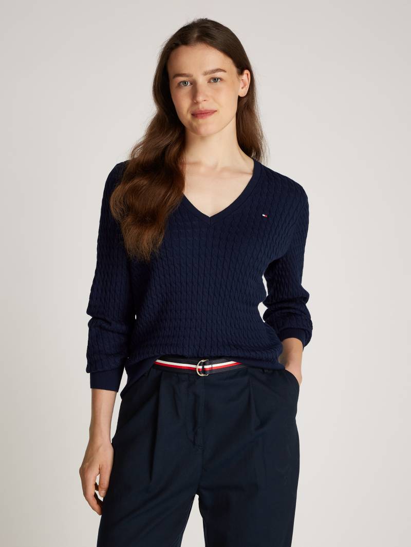 Tommy Hilfiger V-Ausschnitt-Pullover »CO CABLE V-NK LS SWT«, mit Zopfmuster, Logostickerei von TOMMY HILFIGER