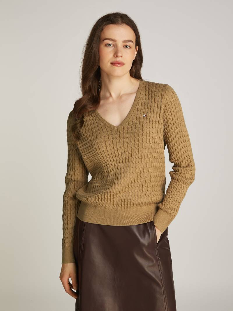 Tommy Hilfiger V-Ausschnitt-Pullover »CO CABLE V-NK LS SWT«, mit Zopfmuster, Logostickerei von TOMMY HILFIGER