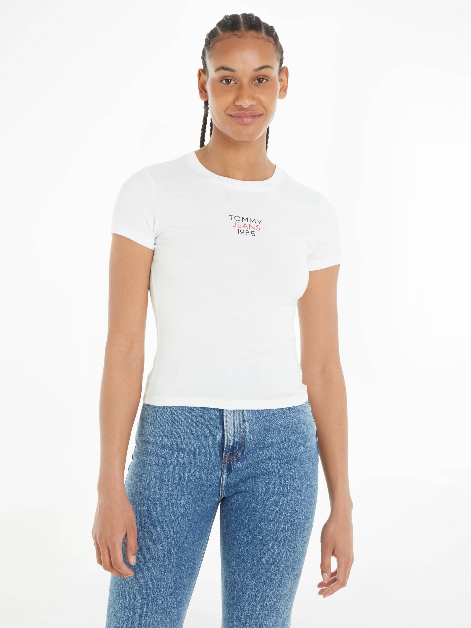 Tommy Jeans T-Shirt »Slim Essential Logo«, Kurzarm Rundhals Jersey T Shirt mit Logo Druck Print, Baumwoll Mix von TOMMY JEANS