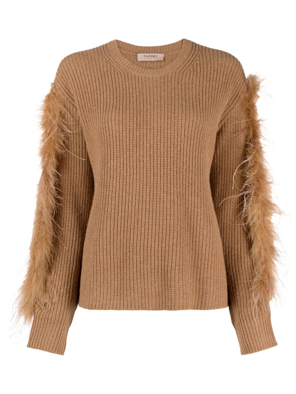 TWINSET feather-trim ribbed-knit jumper - Brown von TWINSET