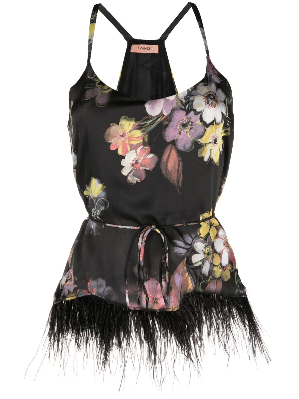 TWINSET floral-print feather-trim cami top - Black von TWINSET