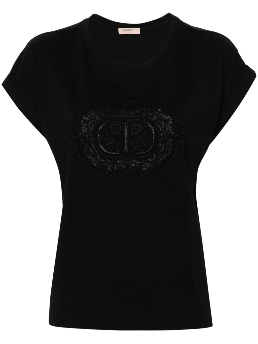 TWINSET logo-embroidered lace-panelling T-shirt - Black von TWINSET
