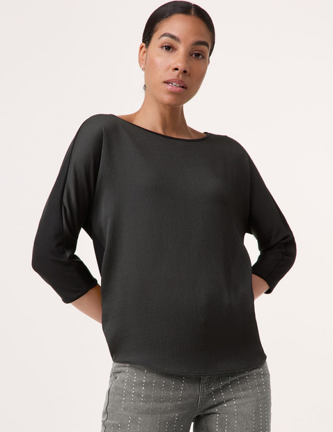 TAIFUN Damen 3/4 Arm Shirt mit feiner Crinkle-Front Viskose 62 cm U-Bootausschnitt unifarben Schwarz von Taifun