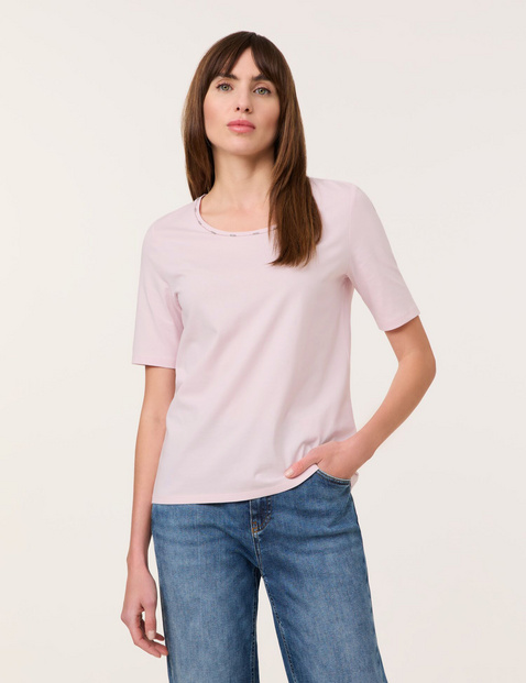 TAIFUN Damen Basic T-Shirt mit Schmuckblende Baumwolle 62 cm Rundhals Halber Arm unifarben Pink von Taifun