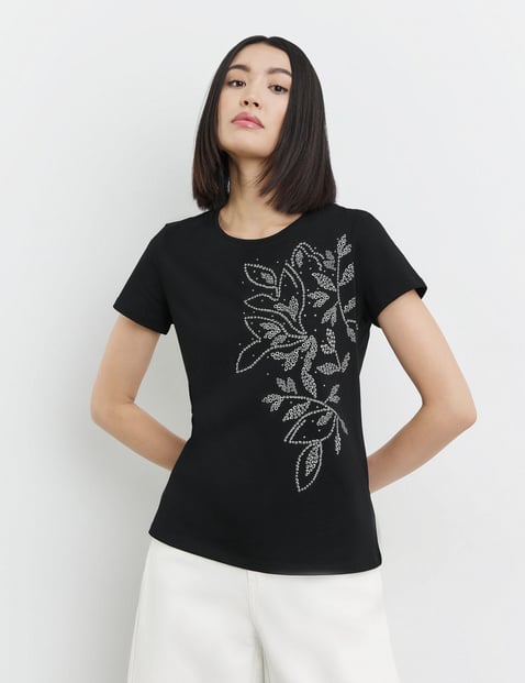 TAIFUN Damen Baumwoll-T-Shirt mit platziertem Print 62cm Kurzarm Rundhals Baumwolle Schwarz floral von Taifun