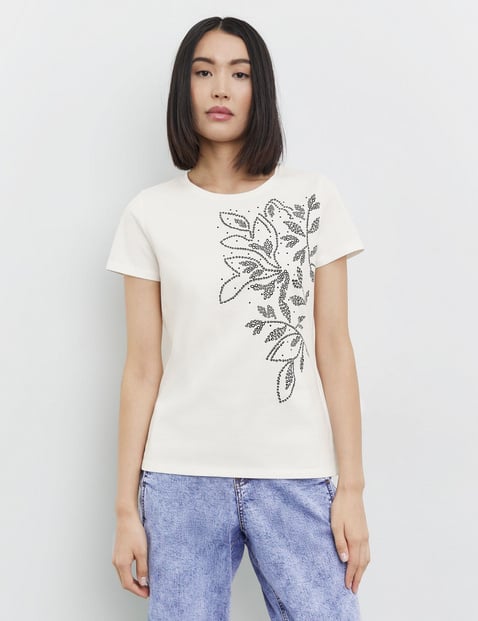 TAIFUN Damen Baumwoll-T-Shirt mit platziertem Print 62cm Kurzarm Rundhals Baumwolle Weiss floral von Taifun