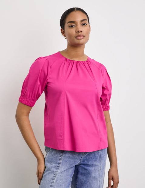 TAIFUN Damen Baumwollbluse mit Volumenärmeln 58cm Puffärmel Rundhals Baumwolle Pink von Taifun