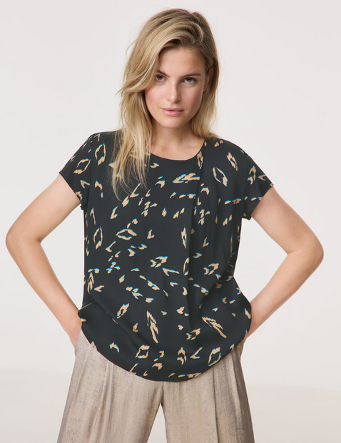 TAIFUN Damen Blusenshirt mit Allover-Print Viskose 60 cm Rundhals Kurzarm gemustert Schwarz von Taifun