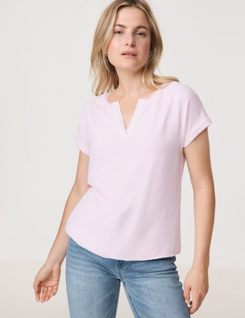 TAIFUN Damen Blusenshirt mit Chiffon-Overlayer Viskose 62 cm V-Ausschnitt Kurzarm unifarben Pink von Taifun