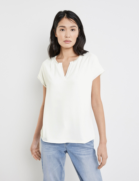 TAIFUN Damen Blusenshirt mit Chiffon-Overlayer Viskose 62 cm V-Ausschnitt Kurzarm unifarben Weiss von Taifun